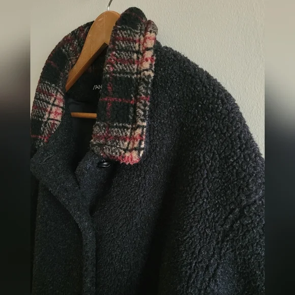 Vtg Sandro Oversized Button Down Teddy Jacket Women's XL, Black, Plaid Collar